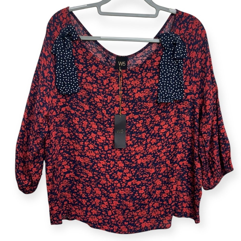 Anthropologie: W5 Red and Navy Floral Blouse with Bows Size M *2153